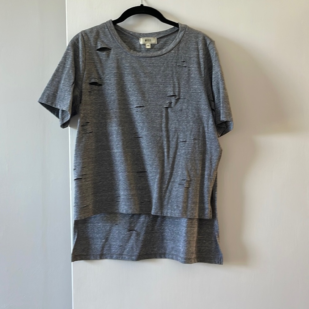 High low knit tee with distressing